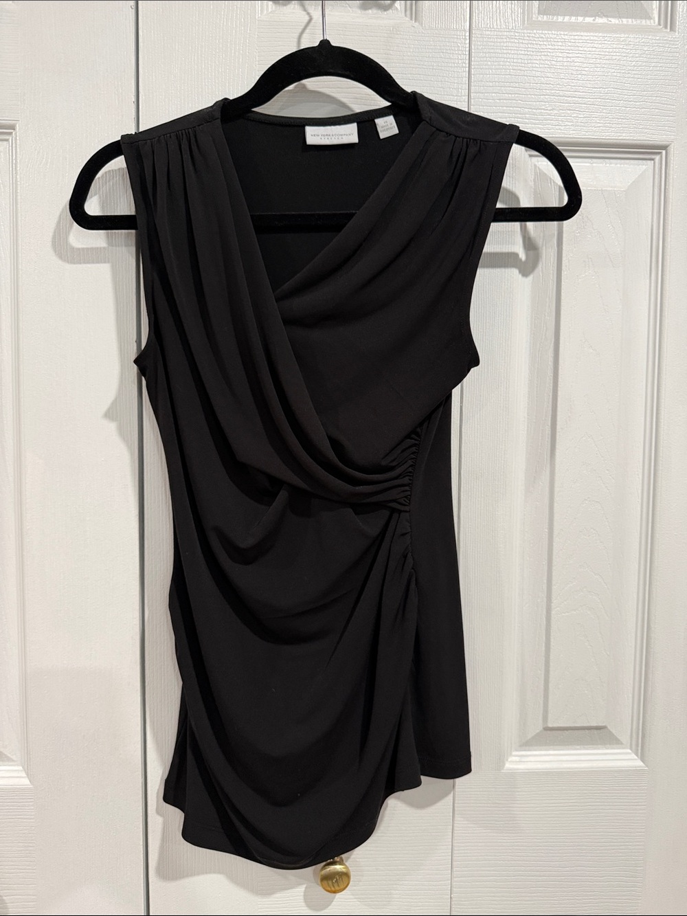 New York & Company Black Sleeveless Draped Front Top